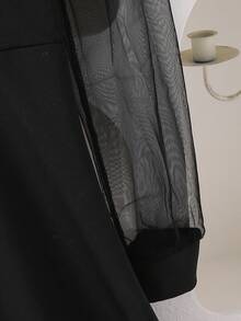 1pc Elegant Teenage Girls' Long Sleeve Polo Collar Color Block Mesh Puff Sleeve A-Line Dress, Black & White Contrast French Style Slim - Black - View 4