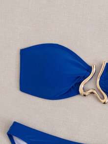Women's Sexy Strapless Bikini Set With Golden Clips Decor, Two-Piece Swimsuit For Party & Beach - Sapphire - View 3
