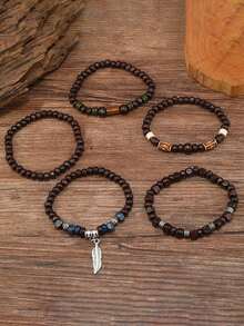 4/5 件/套复古波西米亚男士手链可调节木珠手链波西米亚堆叠套装节日羽毛叶饰物珠宝，多层手链套装，圣诞节新年情人节节日派对礼物，适合男女 - 彩色 - 查看 3