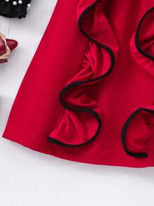 Autumn/Winter New Pearl Splice Contrast Color Wave Hem Long Sleeve Dress With Belt, Fashionable And Elegant, Elegant And Charming For Tween Girls - Red - View 10