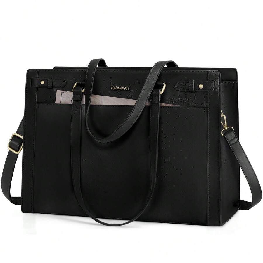 NEWHEY Vegan Leather Laptop Tote Bag For Women: Designer 15.6 Inch Waterproof Work Briefcase & Professional Computer Bag. Large Capacity Purse For Office, Teacher, College, And Travel - 黑色 - 查看 1