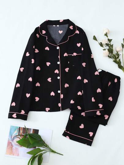 Pyjamasset med hjärtmönster för kvinnor, långärmad topp och långbyxor, höst- och vinterkläder