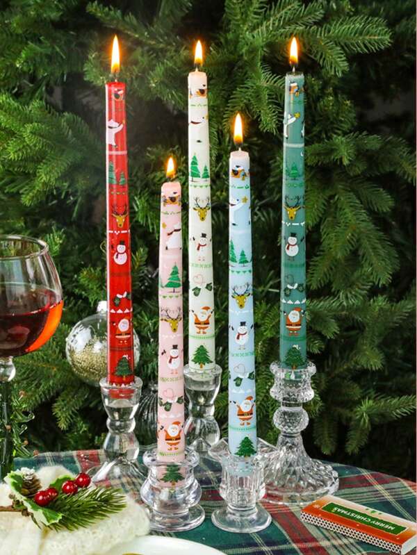 2pcs/Box Long Stem Printed Candles (25cm/9.84in), Autumn Gift, Christmas Decoration Candles, Santa Claus, Christmas Tree, Home Decor, Holiday Party, Lovely Decoration Wedding Partner Hand Gift, Valentine's Day Gift, Birthday Present, Christmas Decorations, Christmas Decor, Christmas Gifts, Room Decor, Bedroom Candles, Living Room Candles, Long-Burning Candles, Smokeless Candles, Soy Candles