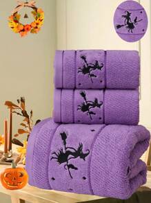 QIBHI 1/3pcs Solid Color Embroidered Witch Holiday Gift, Autumn Decor, Terry Towel Or Bath Towel, Holiday Gift, Halloween, Holiday Decor