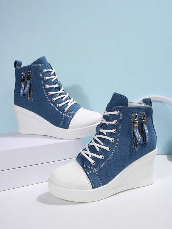 Zapatillas con plataforma para mujer, de unicolor, estilo universitario preppy con cordones, calzado deportivo casual, adecuado para vacaciones, universidad y todas las estaciones
