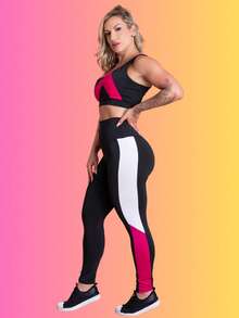 Conjunto Fitness Feminino Calça Legging Cintura Alta Recorte Faixa Lateral E Top Cropped Ombro Só Academia Treino RIQ Modas - Rosa chiclete - Visão 3