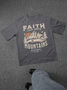 Faith Moves Mountains Men's Casual Cotton Short-Sleeve T-Shirt - Men's Basic Summer T-Shirt (Sizes S-XXXL) Vintage Style, Graphic T-Shirt, Romwe, Fun T-Shirt, Printed Pattern T-Shirt, Western Style, Printed Pattern T-Shirt - Xám - Xem 2