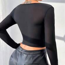 Women's Cropped Corselet Long Sleeve Tulle – Black, White And Brown | Sexy And Elegant Simple Cup Detail Bow Contrast Asymmetrical Night - màu đen - Xem 3