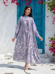 Women's Middle Eastern Arabic Style Elegant Printed Long Dress, Casual For Daily, Holiday, And Party Wear - Purple - View 3