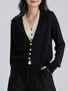 Alicedudu 女士秋冬优雅简约V领二合一毛衣开衫 - 黑色 - 查看 6