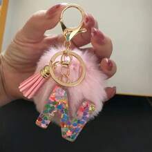 1pc Initial Letter Keychain, Cute Fluffy Ball Keyring, Bag/Backpack Charm, Car Pendant, Women Daily Gift