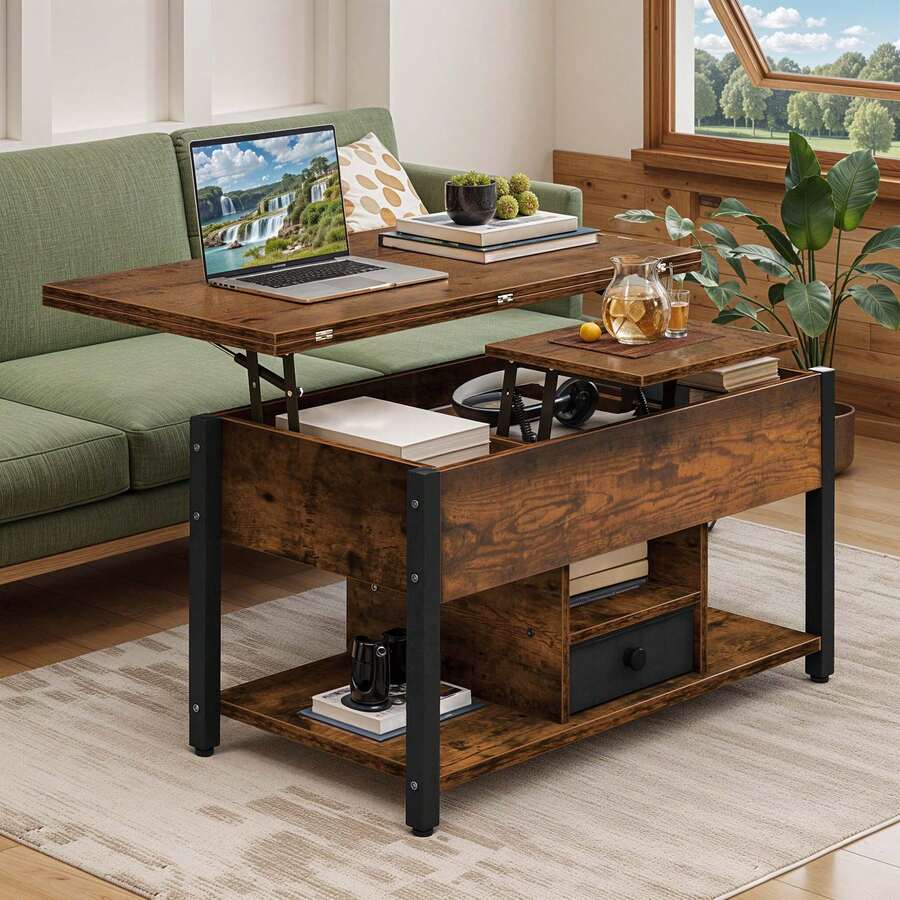 BALCONERA Rustic Brown Multi-Functional Lift-Top Coffee Table – Converts To Dining Table With Drawers & Hidden Storage, 90x47.8x47.5-61.7cm For Living Room - Coffee Brown - View 1