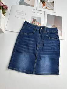 女式前扣口袋简约休闲优雅通勤猫须牛仔迷你裙 - 藍色 - 查看 4