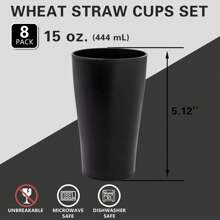 Black Wheat Straw Cups Set Of 8,Drinking Glasses,Reusable Plastic Cups,Unbreakable Cups For Kitchen,Dishwasher Safe Water Glasses Tumblers