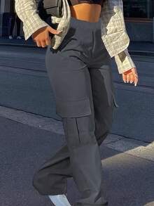 3 piezas Pantalones cargo rectos y sueltos con múltiples bolsillos para adolescentes, adecuados para ejercicio al aire libre, primavera/verano/otoño/invierno - Negro - Ver 5