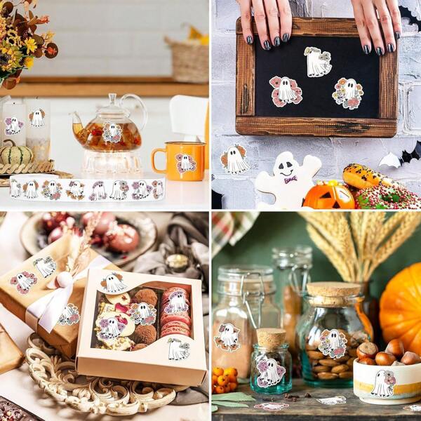 500pcs Halloween Floral Ghost Stickers - Suitable For Decorating Parties, Cups, Gift Boxes, Snack Bags, Baking Bags, Bread Bags, Candy Bags, Envelopes, Etc. Self-Adhesive Cute Theme To Enhance Party Atmosphere, Perfect Halloween Gift