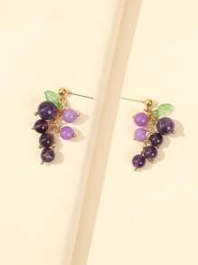 زوج من أقراط العنب الحجر الطبيعي البنفسجي بالطراز الكوري، أقراط حلوة على شكل فاكهة مناسبة للأذن غير المثقوبة