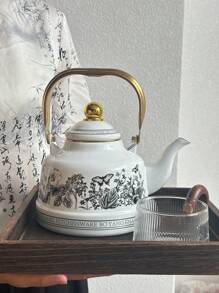 1 Set Enamel Kettle, Oriental Charm Enamel Pot,Checkered Lemon Pattern,Underglaze Blue Bird Pattern, Wonderful Items With High Aesthetic Appeal Gift, Suitable For The Kitchen, Living Room, Courtyard And Dining Table.