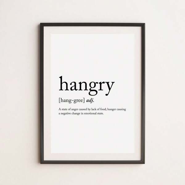 1 pièce Impression murale définition "Hangry" sans cadre, style dictionnaire, affiche de gourmand pour la décoration de la cuisine et du bureau, affiches funky pour la décoration de la chambre, cadeau pour la rentrée scolaire, impression sur canevas sans cadre pour les amateurs de nourriture et la décoration de la maison (Impressions pour le mur)