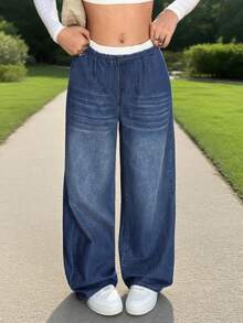 青少年秋季时尚蓝白条纹休闲宽松阔腿裤，现代版型，时尚舒适，非常适合日常外出、公园散步。 - 深色水洗藍 - 查看 8