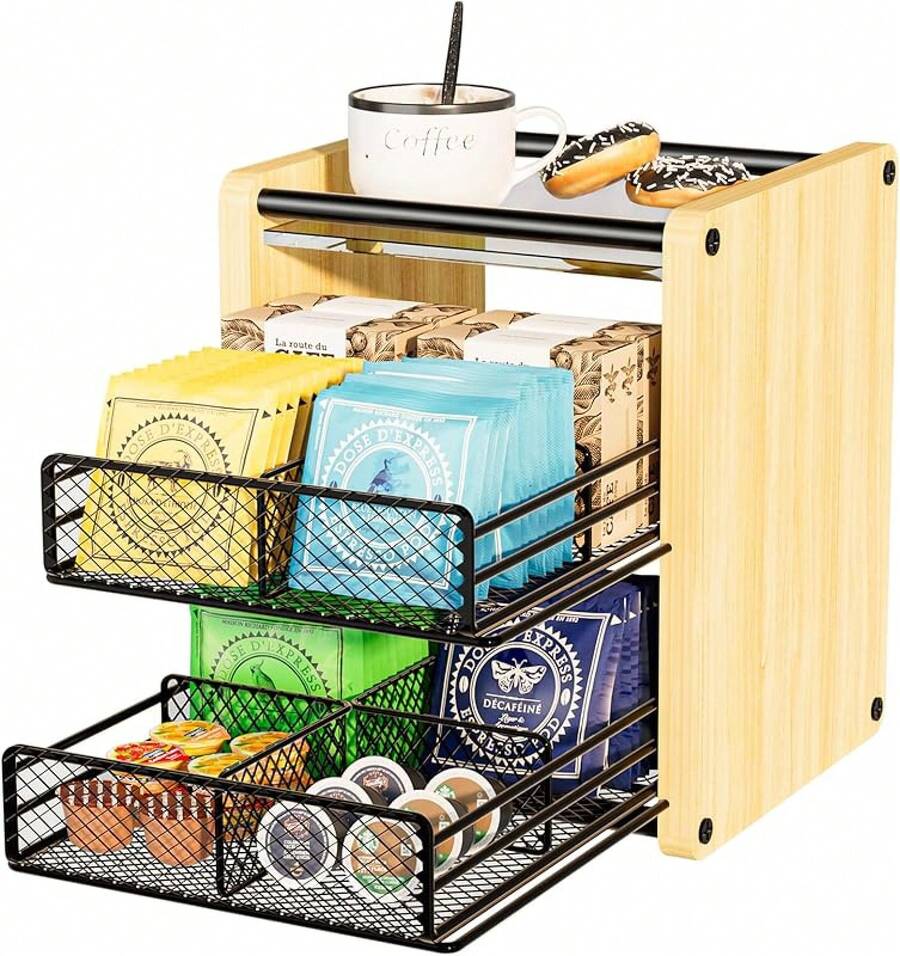 Tea Bag Organizer, Tea Organizer And Storage With Drawers, Tea Box Tea Bags, Wooden Tea Bag Holder Kitchen, Countertop, Office, Tea Station (Natural Wood)2025 - Natural Wood - View 1