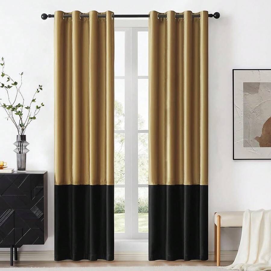 Black Gold Color Block Window Curtains Panels 84 Inches Long Farmhouse Drapes Bedroom Living Room Darkening Treatment With Grommet Set Home Decor - 金色和黑色 - 查看 1