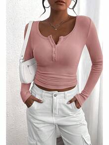 Women's 2026 Fall Long Sleeve Henley T Shirts Button Ribbed Knit Slim Fit Basic Tops Blouse Casual Outfits/Vacation Outfits Women/Valentine Outfits For Women - 藕粉色 - 查看 4