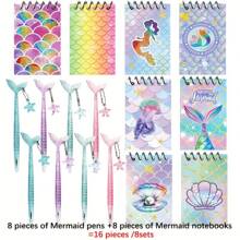 16件套美人鱼主题派对礼盒套装 - 包括8本海洋主题笔记本和8支美人鱼笔，笔身饰有海星图案和鲜艳的美人鱼插图，采用塑料和纸质材料，非常适合生日、海滩装饰和美人鱼主题庆祝活动，是美人鱼派对装饰的理想之选。 - 彩色 - 查看 8