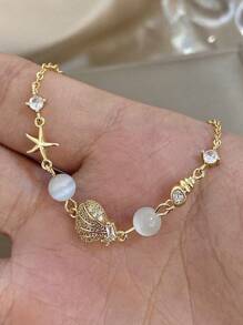 1 Peça Pulseira Pingente com Tema Oceânico Banhada a Ouro 18K para Mulheres e Meninas, Corrente de Elos com Estrela do Mar e Concha de Aço Inoxidável com Contas de Olho de Gato e Cubic Zircônia, Joia Boêmia Ajustável para Praia, Dia das Mães, Verão e Ocasiões Especiais