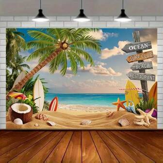 Tropical Hawaiian Beach Background Decoration Banner, Polyester Material, Mixed Color, Suitable For Spring, Summer, Autumn, Winter, Room Decoration, Wall Decoration, Party Background, 1 Piece