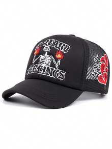 2026新款透气网眼帽，火焰骷髅玫瑰爱心刺绣，夏季户外休闲时尚字母遮阳帽，户外运动钓鱼帽，街头滑板骑行帽，男女通用后扣帽 - 火骷髏 - 查看 19