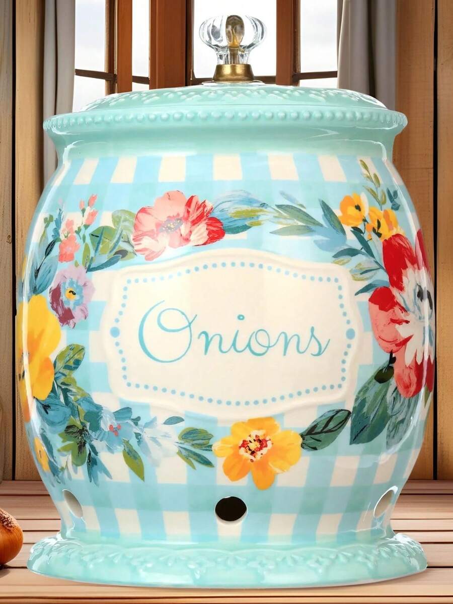 Floral Ceramic Onion & Garlic Keeper With Vented Lid - 7.5 Inch Countertop Storage Container, Moisture Control Design For Pantry Kitchen Essentials, Romantic Farmhouse Décor Piece - 1 - 查看 1