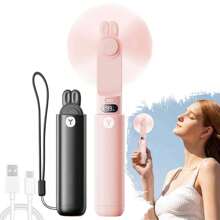 SWEETFULL tragbarer Handventilator mit LED-Anzeige, 2-in-1 persönlicher faltbarer USB-aufladbarer Handventilator & Taschenlampe zum Reisen, für Wimpern, süßer kleiner Taschenventilator für Frauen, Mädchen
