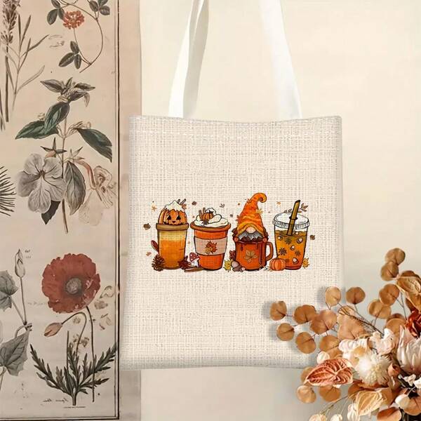1PC AutumnThemed DoubleSided Printed Canvas Tote Large Capacity Fixed Shoulder Strap Options Stylish Durable & Foldable For Shopping Travel & Everyday Use Perfect Gift For Family & Friends