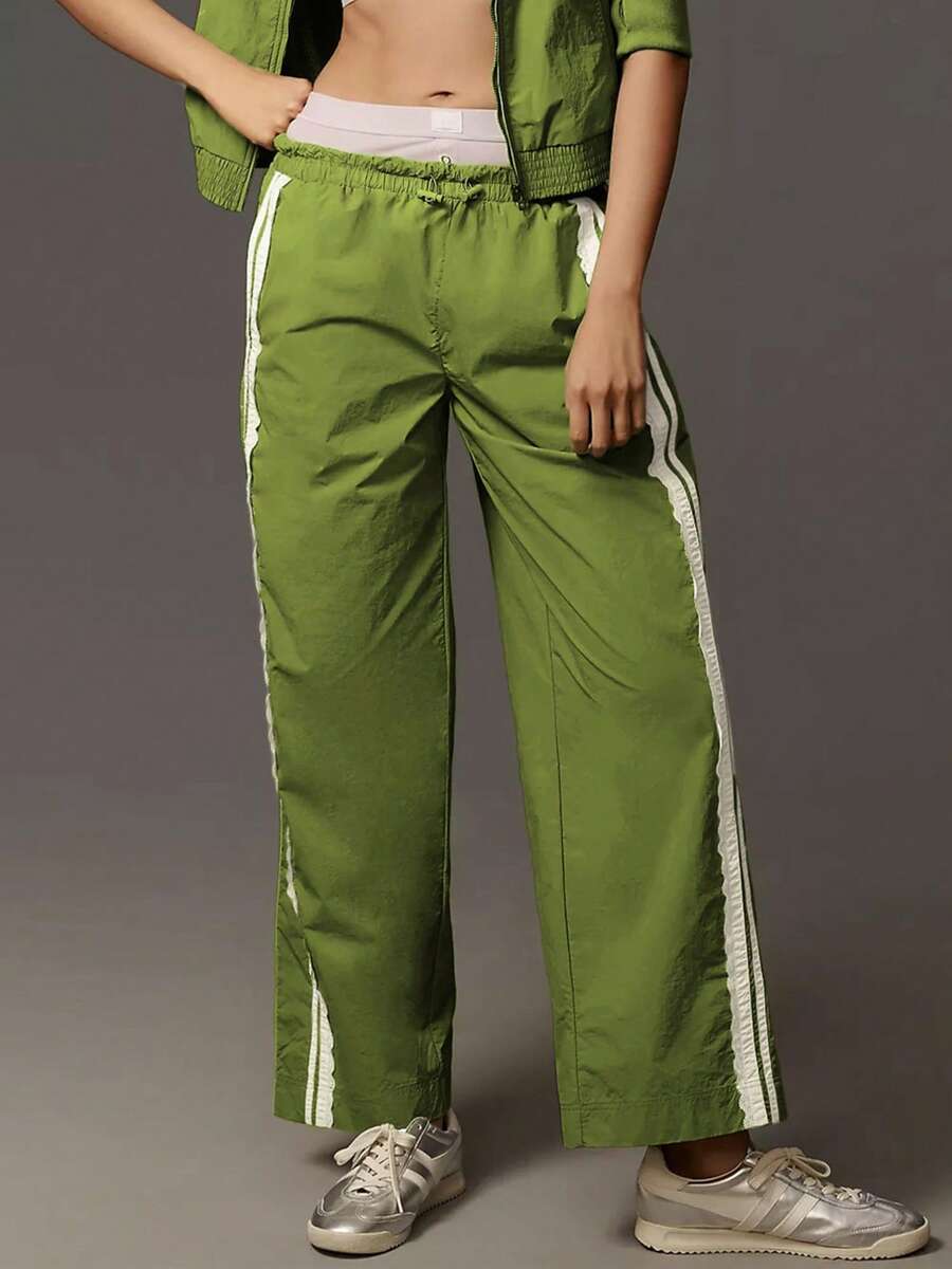 Women's Summer Baggy Track Pants Stylish Lace Side Striped Mid Rise Wide Leg Drawstring Trousers - Green - View 1