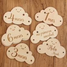 1 set Marcador de hitos de madera en forma de nube para bebés de 1 a 12 meses, accesorio para registro del crecimiento del bebé para fotografía, de doble cara con colgador, decoración y regalos para baby shower y Pascua, para niñas/niños