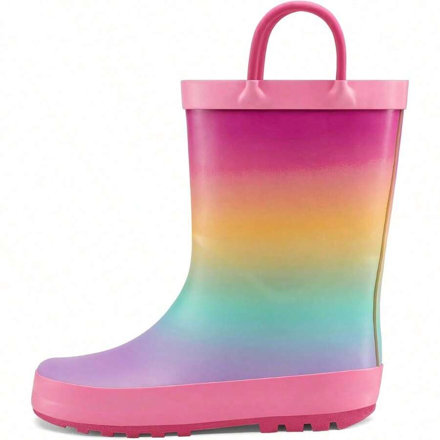 Kids Rain Boots Waterproof Printed Rubber Boots With Handles - Pink Rainbow - View 1