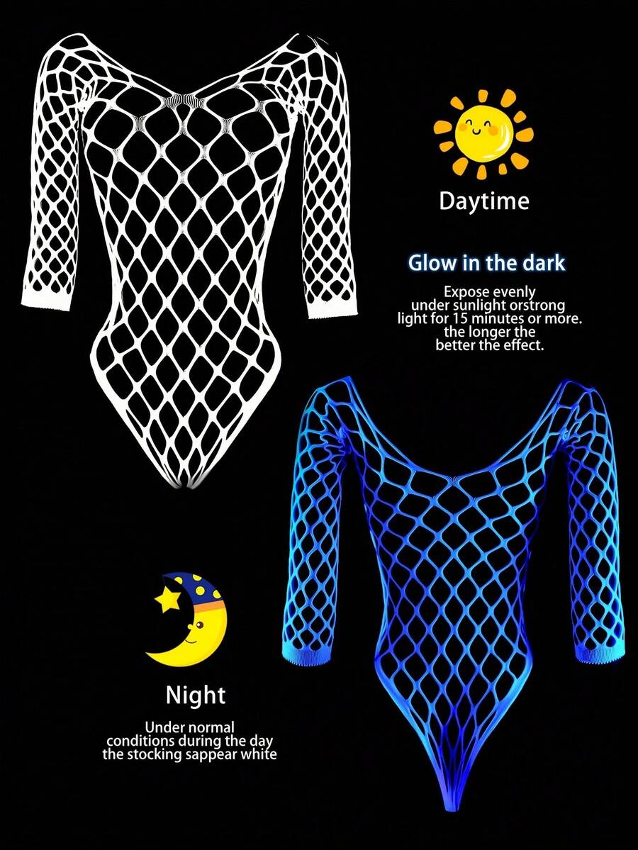 Glow-In-The-Dark Bodystocking] Neon Green & Black Glow-In-The-Dark Skeleton Fishnet Bodystocking | Long-Sleeve One-Piece With Three-Point Bikini Cut, Semi-Sheer Semi-Transparent Design For Nighttime Wear & Themed Parties, Intimate Apparel, Sexy Bodys - 藍色 - 查看 1