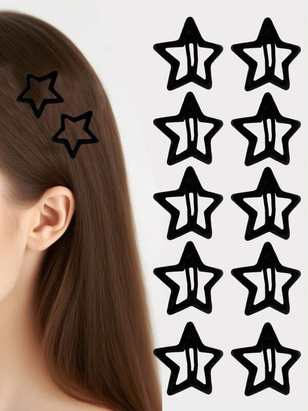 10pcs Black Five-Pointed Star Hair Clips, Energetic Girl Bangs & Side Hair Fixation, Non-Damaging, Versatile For Daily, Commute, Vacation, Party, Graduation, Thanksgiving, Birthday, Ideal Gift, Claw Clips, Hair Claws, Hair Slide, Hair Barrettes