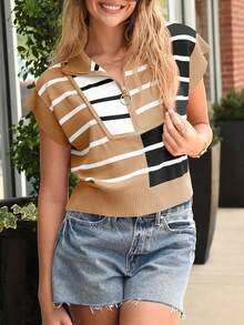 Womens Sweaters Summer Short Sleeve Shirts 2025 Zip Up Color Block Knit Striped Cropped Tops