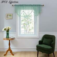 PearAge Beaded Sheer Valance Ctains Living Room,Rod Pocket Farmhouse Window Valance, Bead Trim Tassel Voile Sheer Ctain Valance Bedroom Bathroom Cafe 51x24 Inches (Beige) 1PC - Mineral Blue - View 7