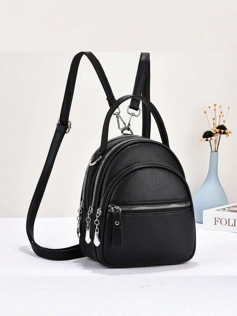 新款时尚女士双肩小背包，可作为单肩包或手提包佩戴，多功能软皮小背包 - 黑色 - 查看 1