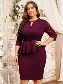 MIUSOL Vestido de lápiz para cóctel con cuello de ojo de cerradura con encaje floral, volantes y mangas 3/4 - Burdeos - Ver 6