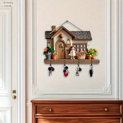 2D 平面，1 件，可爱别墅 - 木制多功能家居钥匙扣，带四个金属挂钩 - 壁挂装饰、门廊装饰、房间装饰、别墅装饰、四季家居装饰、2D 平面