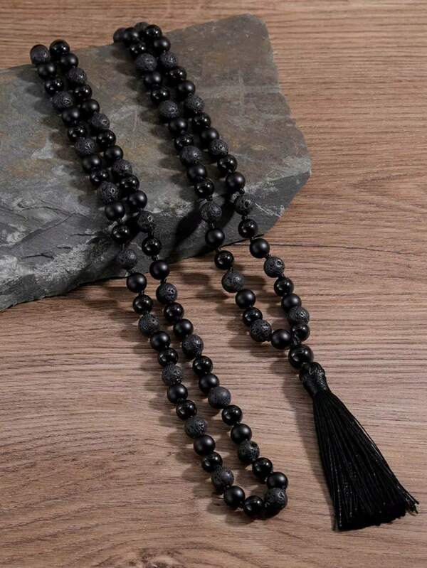 New Volcanic Stone Matte Beaded 108pcs Black Agate Necklace, Fashionable Versatile Chinese Style Unisex Jewelry