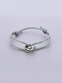 1 pieza Brazalete ajustable unisex hecho a mano de acero inoxidable delgado y hueco con 3 anillos chapados en plata, regalo para parejas - Plateado - Ver 12