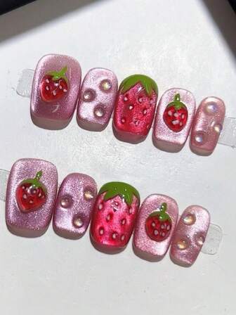 10 piezas de arte de uñas cuadrado hecho a mano, con diseño de patrón de fresa lindo y estilo de ojo de gato, adecuado para uso diario por diferentes mujeres, reutilizable.