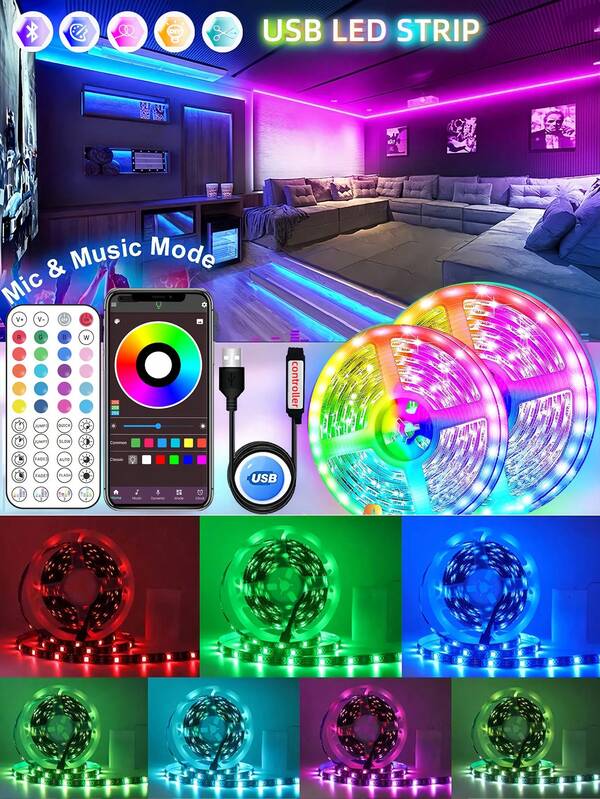 أضواء شريط LED بطول 30 متر، تغيير اللون RGB بواسطة جهاز تحكم عن بعد 44 مفتاح وتطبيق، أضواء شريط LED متزامنة مع الموسيقى، يمكن قطعها وتركيبها بسهولة، لديكور التلفزيون والحفلات والألعاب، أضواء LED ذكية للغرفة