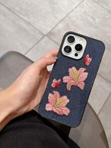 1pc Creative Minimalist Lily Flower & Butterfly Denim Anti-Drop Embroidered Phone Case Compatible With Apple Xs/Xsmax/Xr/11/12/13/14/14plus/15/15plus/16Pro/16Promax, S25Ultra, Compatible With OPPO, Compatible With Redmi Note14 Waterproof Shockproof Scratch Resistant,International Version, Not The Domestic Version - Multicolor - View 5