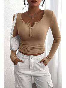 Women's 2026 Fall Long Sleeve Henley T Shirts Button Ribbed Knit Slim Fit Basic Tops Blouse Casual Outfits/Vacation Outfits Women/Valentine Outfits For Women - Kaki nhạt - Xem 5